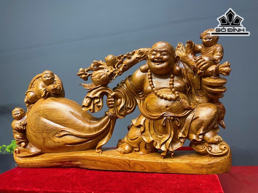 Tượng Phật Di Lặc Kéo Bao Tiền Gỗ Hương Cao 45 Ngang 79 Sâu 16 (cm)