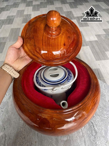 Bình Ủ Trà Gỗ Gõ Đỏ (Cà te) Cao 36 Đường Kính 33 (cm) - 2,5 Lít