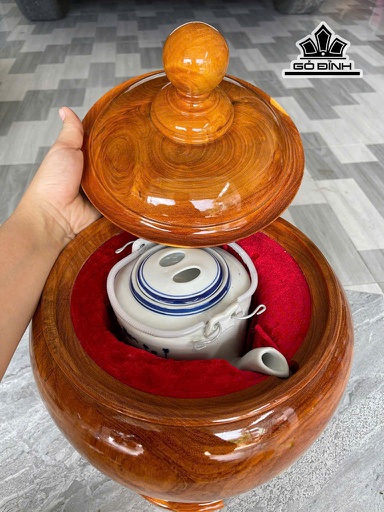 Bình Ủ Trà Gỗ Gõ Đỏ (Cà te) Cao 40 Đường Kính 29 (cm) - 1,5 Lít