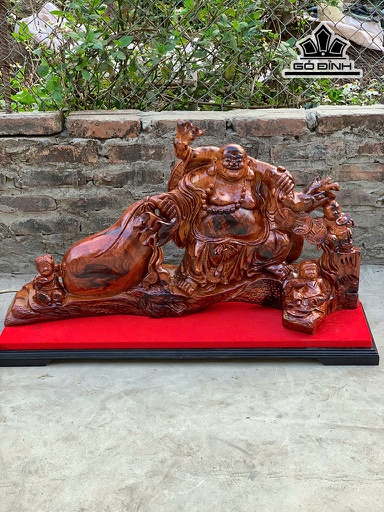 Tượng Phật Di Lặc Kéo Bao Tiền Gỗ Cẩm Cao 55 Ngang 90 Sâu 20 (cm)