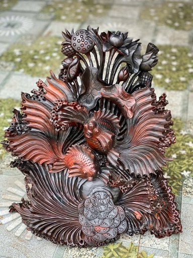 Tượng Cá La Hán Gỗ Trắc Cao 41 Ngang 40 Sâu 18 (cm)