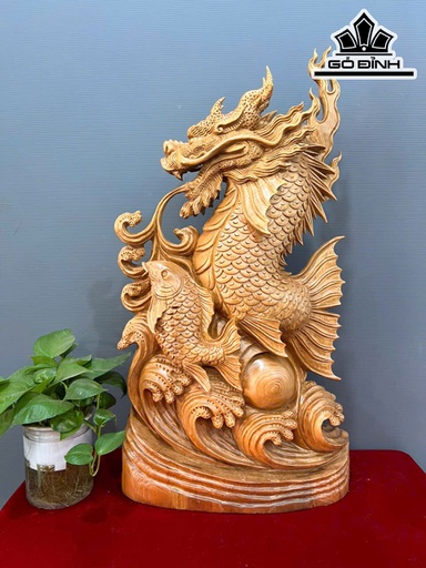 Tượng Cá Chép Hóa Rồng Gỗ Ngọc Am Cao 70 Ngang 38 Sâu 2 (cm)