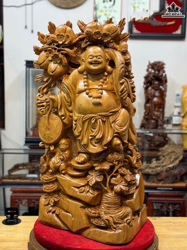 Tượng Phật Di Lặc Vác Cành Đào Gỗ Ngọc Am Cao 85 Ngang 46 Sâu 28 (cm)