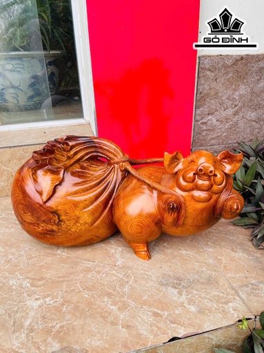 Tượng Heo Kéo Bao Tiền Gỗ Hương Cao 26 Ngang 50 Sâu 21 (cm) - 14kg