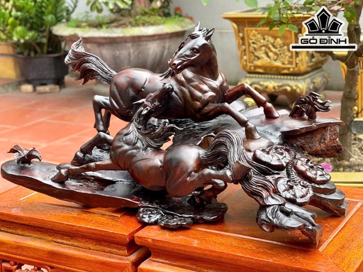 Tượng Song Mã Uyên Ương Gỗ Trắc Cao 27 Ngang 51 Sâu 28 (cm)