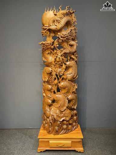 Tượng Cửu Ngư Hóa Long Gỗ Ngọc Am Cao Cả Kỷ 222 Ngang 68 Sâu 40 (cm) - Kỷ Cao 25 (cm)