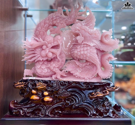 Tác Phẩm Long Phụng Sum Vầy Đá Onyx Cao 32 Ngang 36 Sâu 7 (cm) - Cao Cả Đế 46 (cm)