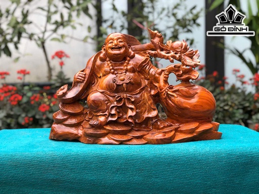 Tượng Phật Di Lặc Kéo Bao Tiền Gỗ Hương Cao 35 Ngang 52 Sâu 21 (cm)