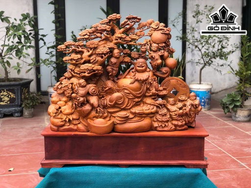 Tượng Phật Di Lặc Ngũ Phúc Ngồi Tùng Gỗ Hương Cao 69 Ngang 89 Sâu 33 (cm) - Cả Kỷ Cao 88 (cm)
