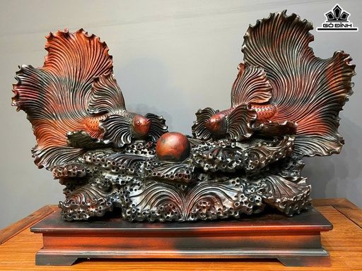 Tượng Cá Xiêm Đôi Gỗ Trắc Cao Cả Kỷ 66 Ngang 100 Sâu 38 (cm) - Kỷ Cao 10 (cm)