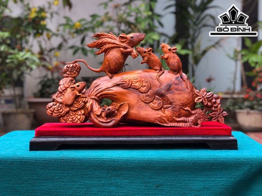 Tượng Gia Đình Chuột Gỗ Hương Cao 35 Ngang 52 Sâu 12 (cm)