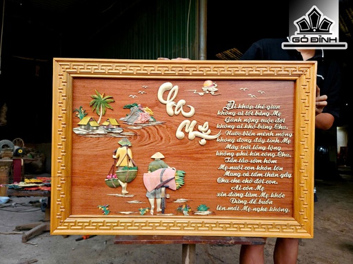 Tranh Cha Mẹ Nền Gỗ Hương Đá - Khung Gáo Kích Thước 69x103x4 (cm)