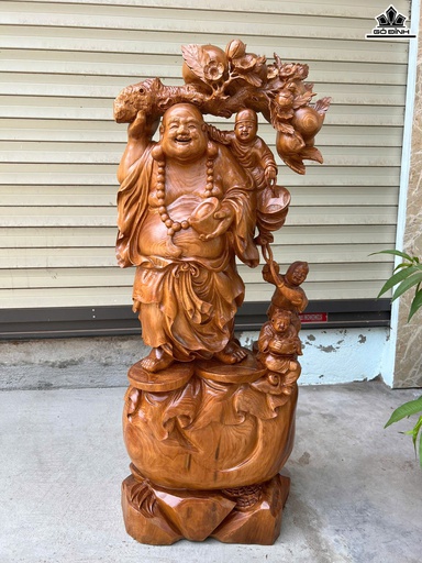 Tượng Phật Di Lặc Vác Đào Gỗ Ngọc Am Cao 98 Ngang 42 Sâu 24 (cm)