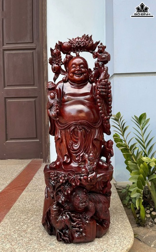 Tượng Phật Di Lặc Tam Phúc Thuần Nghê Gỗ Tử Đàn Cao 93 Ngang 31 Sâu 30 (cm)