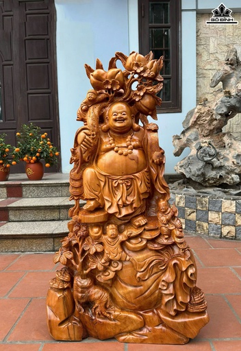 Tượng Phật Di Lặc Vác Cành Đào Gỗ Ngọc Am Cao 112 Ngang 61 Sâu 28 (cm)