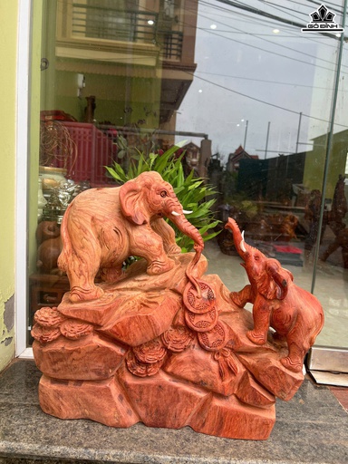 Tượng Voi Mẫu Tử Gỗ Hương Cao 44 Ngang 46 Sâu 20 (cm)