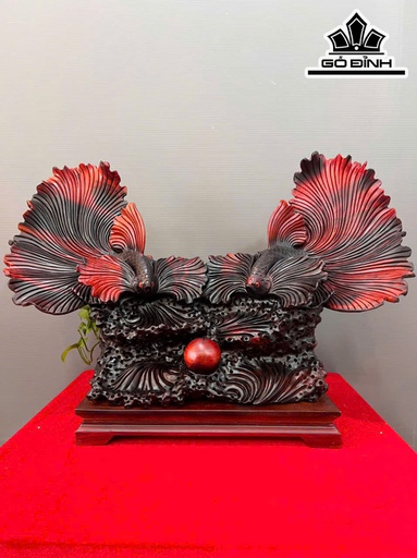 Tượng Cá Xiêm Đôi Gỗ Trắc Cao 52 Ngang 77 Sâu 28 (cm)