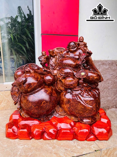 Tượng Phật Di Lặc Nhị Phúc Gỗ Nu Ngọc Am Cao 48 Ngang 60 Sâu 20 (cm) - Cả Kỷ Cao 56 Ngang 62 Sâu 28 (cm) - 31kg