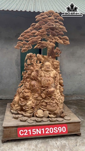 Tượng Phật Di Lặc Cửu Phúc Ngồi Tùng Gỗ Ngọc Am Cao 215 Ngang 120 Sâu 90 (cm)