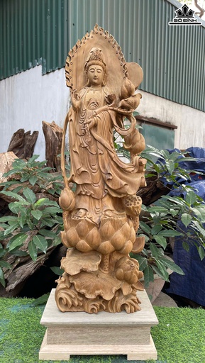 Tượng Phật Bà Liên Hoa Gỗ Bách Xanh Cao Cả Kỷ 90 Ngang 25 Sâu 15 (cm) - Kỷ Cao 10 (cm)