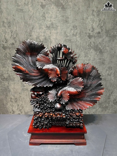 Tượng Song Ngư Chiêu Tài Lộc Gỗ Trắc Cao 62 Ngang 60 Sâu 22 (cm)