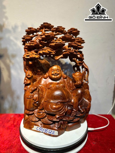 Tượng Phật Di Lặc Ngự Gốc Tùng Gỗ Hương Cao 50 Ngang 35 Sâu 22 (cm)