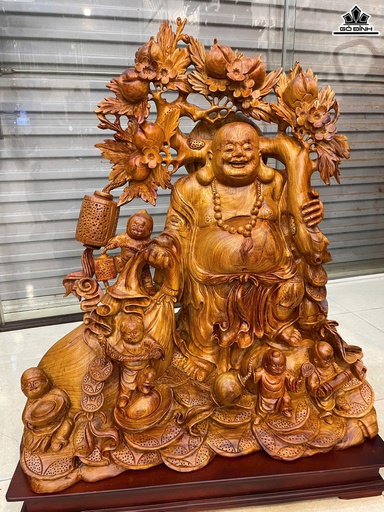 Tượng Phật Di Lặc Ngũ Phúc Vác Đào Gỗ Hương Cao Cả Kỷ 94 Ngang 73 Sâu 40 (cm) - Kỷ Cao 10 (cm)