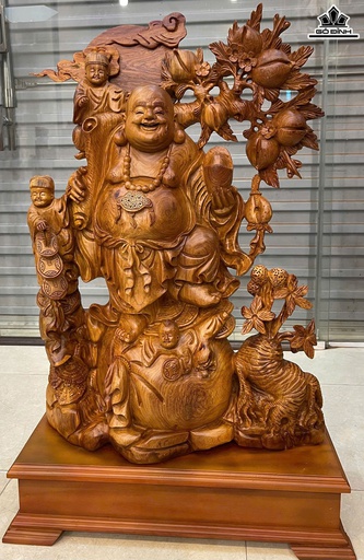 Tượng Phật Di Lặc Tam Phúc Vác Đào Gỗ Hương Cao Cả Kỷ 96 Ngang 55 Sâu 25 (cm) - Kỷ Cao 15 (cm)