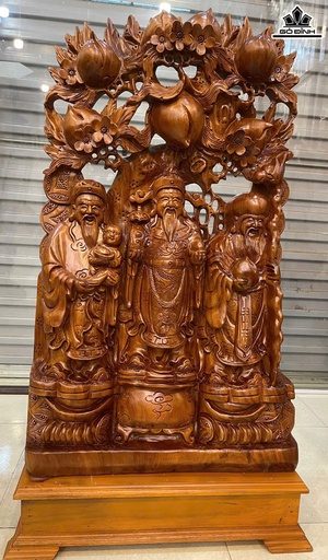 Tượng Phúc Lộc Thọ (Tam Đa) Vác Đào Gỗ Ngọc Am Cao Cả Kỷ 110 Ngang 59 Sâu 21 (cm) - Kỷ Cao 15 (cm)