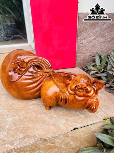 Tượng Heo Kéo Bao Tiền Gỗ Hương Cao 22 Ngang 50 Sâu 20 (cm) - 12kg