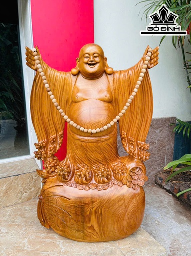 Tượng Phật Di Lặc Nghênh Hỷ Tứ Phương Gỗ Ngọc Am Cao 76 Ngang 45 Sâu 18 (cm) - 23kg