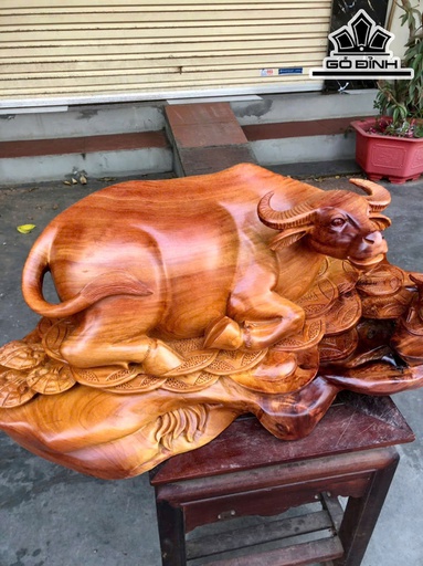 Tượng Trâu Mẫu Tử Gỗ Hương Cao 30 Ngang 70 Sâu 30 (cm)