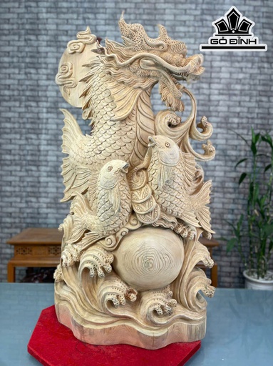 Tượng Cá Chép Hóa Rồng Gỗ Ngọc Am Cao 85 Ngang 48 Sâu 18 (cm)