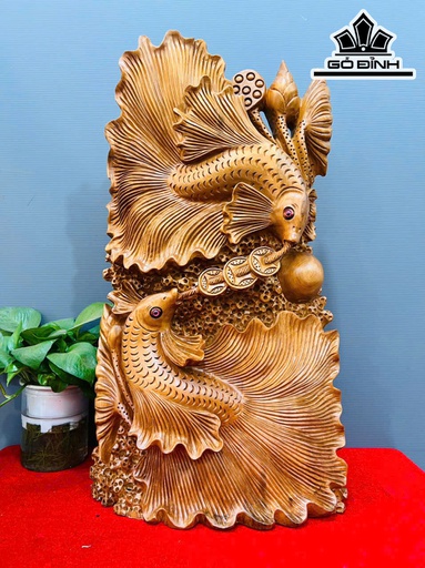Tượng Cá Xiêm Đôi Gỗ Ngọc Am Cao 61 Ngang 35 Sâu 15 (cm)