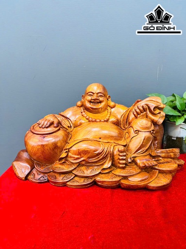 Tượng Phật Di Lặc Ngự Chum Tiền Gỗ Hương Cao 30 Ngang 58 Sâu 40 (cm)