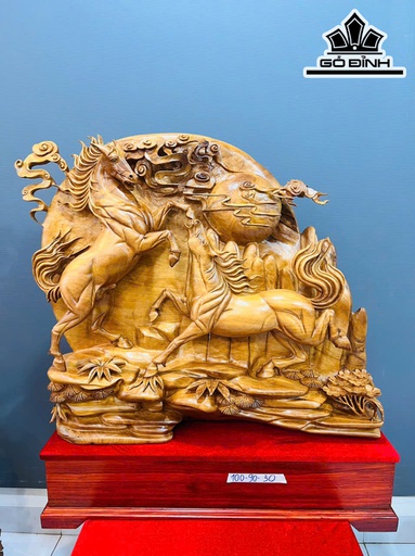 Tượng Song Mã Uyên Ương Gỗ Ngọc Am Cao 100 Ngang 90 Sâu 30 (cm)