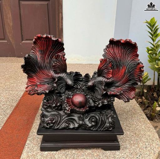 Tượng Cá Xiêm Đôi Gỗ Trắc Cao 57 Ngang 55 Sâu 24 (cm)