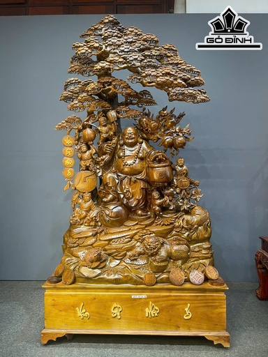 Tượng Phật Di Lặc Ngũ Phúc Gỗ Bách Xanh Cao Cả Kỷ 239 Ngang 120 Sâu 72 (cm) - Kỷ Cao 40 (cm)