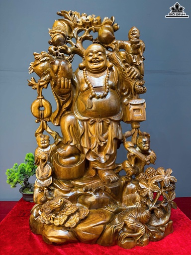 Tượng Phật Di Lặc Vác Cành Đào Gỗ Bách Xanh Cao 80 Ngang 50 Sâu 23 (cm)