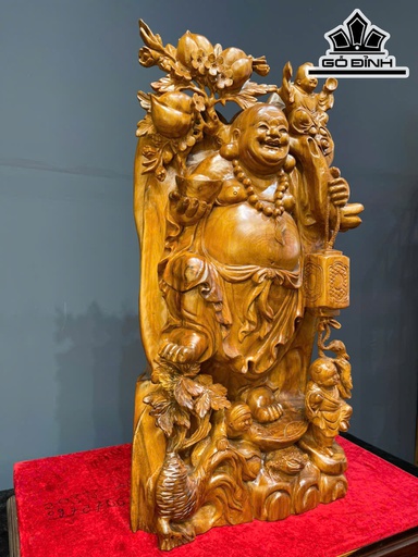 Tượng Phật Di Lặc Vác Cành Đào Gỗ Ngọc Am Cao 82 Ngang 41 Sâu 23 (cm)