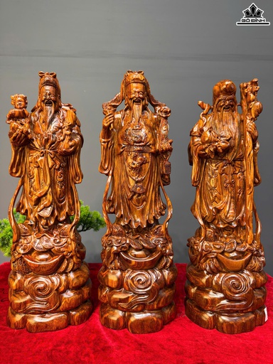 Tượng Phúc Lộc Thọ (Tam Đa) Gỗ Sưa Cao 45 Ngang 15 Sâu 13 (cm)
