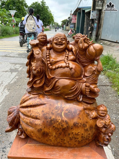 Tượng Phật Di Lặc Tam Phúc Gỗ Nu Ngọc Am Cao 45 Ngang 48 Sâu 28 (cm) - 18kg