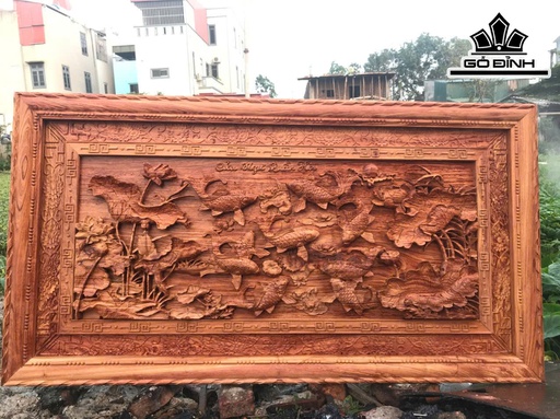 Tranh Cửu Ngư Quần Hội Gỗ Hương Đá Kích Thước 89x165x6 (cm)
