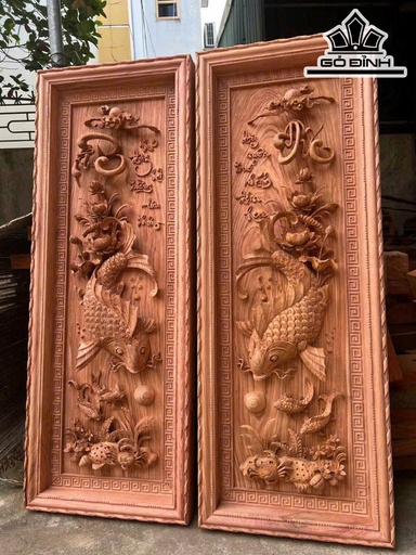 Tranh Cá Chép Phúc Đức Gỗ Hương Đá Kích Thước 47x137x8 (cm)