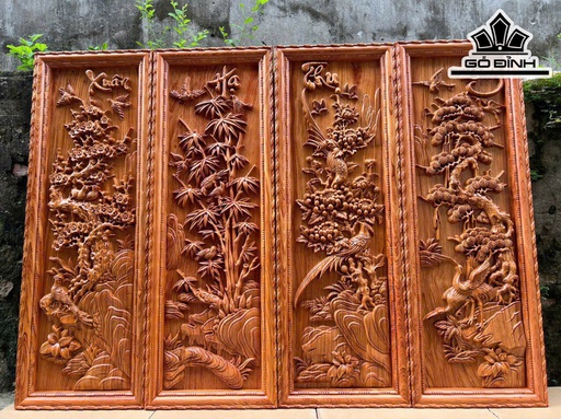 Tranh Tứ Quý Gỗ Hương Đá Kích Thước 37x117x4 (cm)