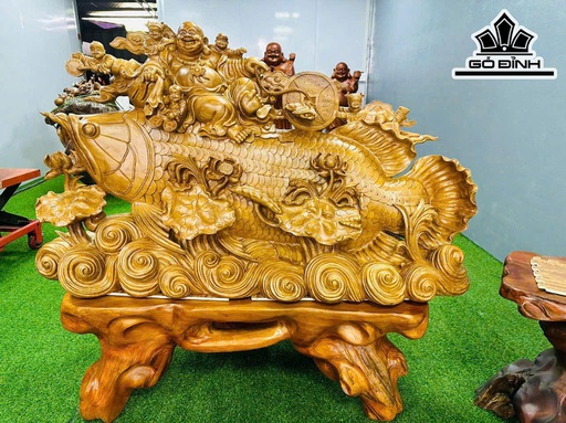 Tượng Phật Di Lặc Ngự Kim Long Tài Lộc Gỗ Nu Ngọc Am Cao 94 Ngang 165 Sâu 50 (cm)