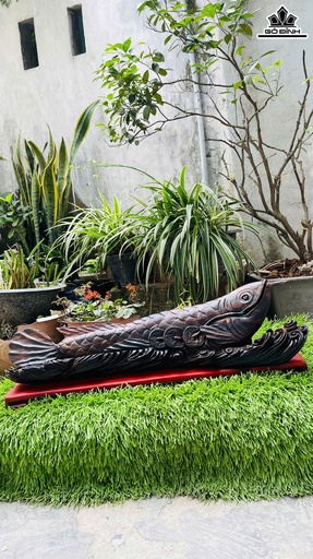 Tượng Cá Kim Long Gỗ Mun Hoa Cao 20 Ngang 60 Sâu 12 (cm)