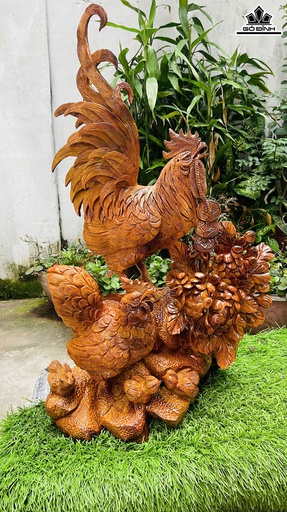 Tượng Gia Đình Gà Gỗ Hương Cao 79 Ngang 50 Sâu 35 (cm)