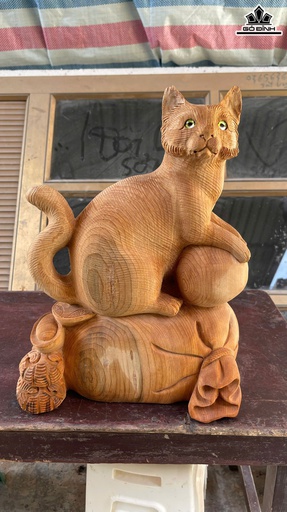 Tượng Mèo Gỗ Ngọc Am Cao 38 Ngang 30 Sâu 15 (cm)