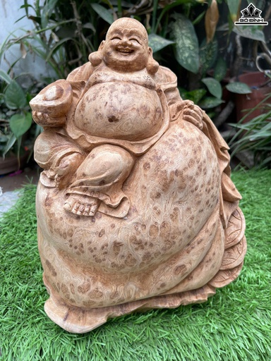 Tượng Phật Di Lặc Ngự Bao Tiền Gỗ Nu Ngọc Am Cao 33 Ngang 25 Sâu 17 (cm)